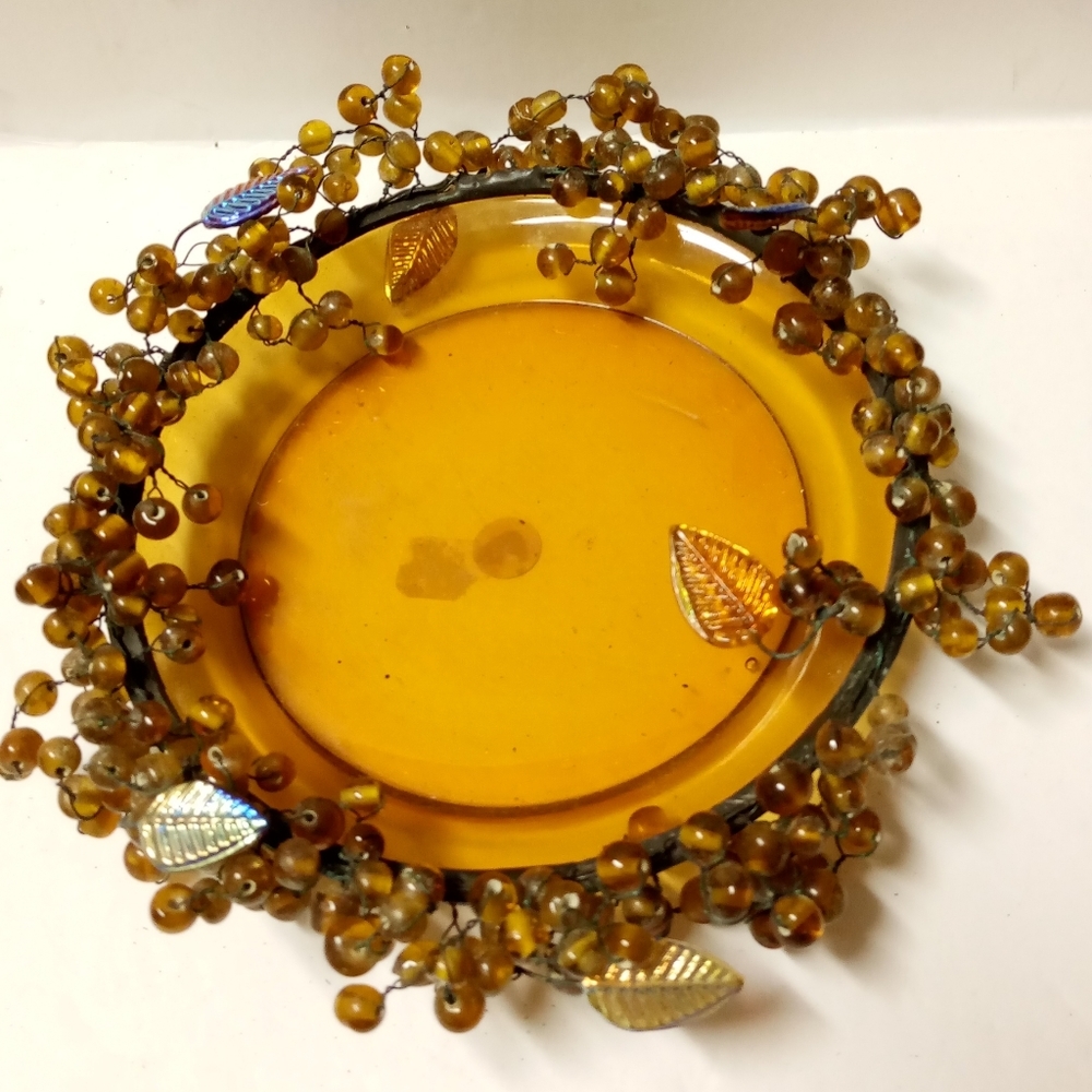 Vintage Glass Candy Dish Amber Metal Rim Wired Glass Beads Irridescent Leaves